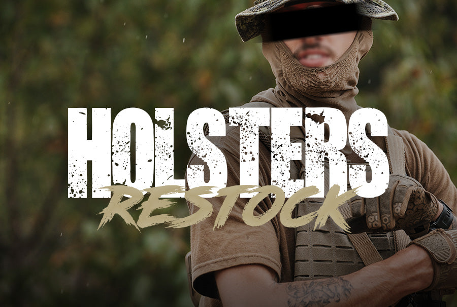 Man in tactical gear holding airsoft gun with Holsters Airsoft restock text overlay