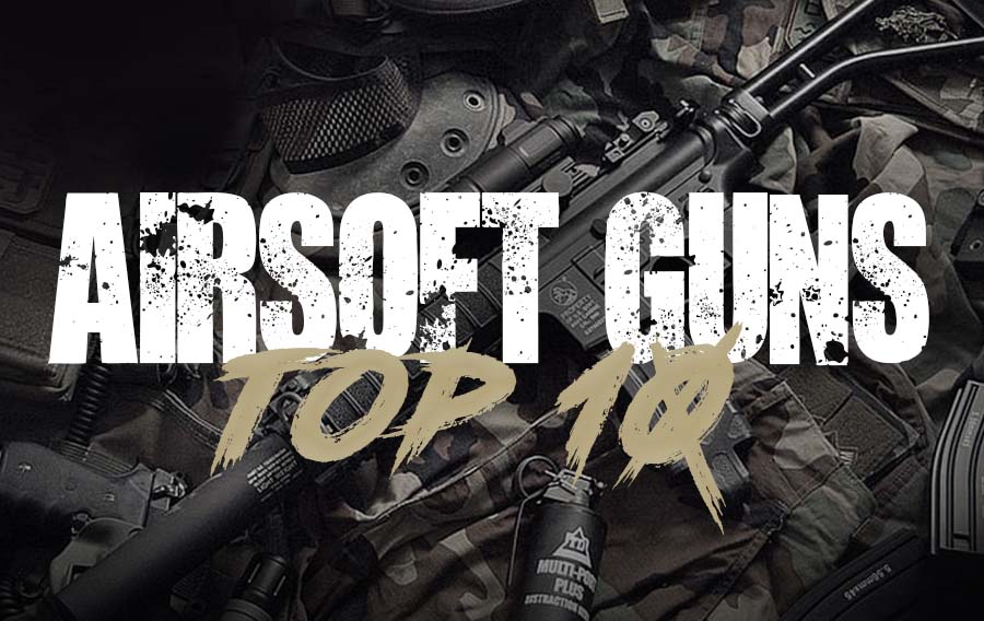 Top 10 airsoft guns featured on tactical gear and camouflage background for best replicas in Canada 2025