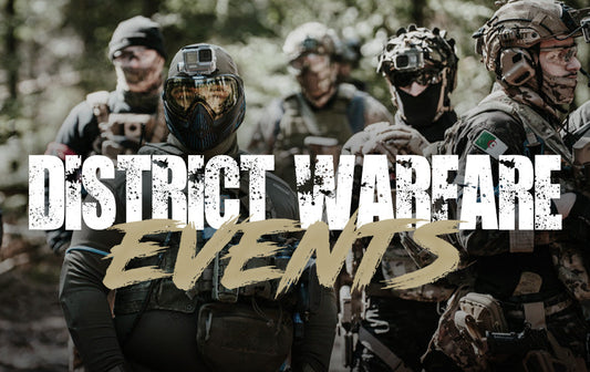 Group of airsoft players in tactical gear ready for action at District Warfare events in airsoft Quebec