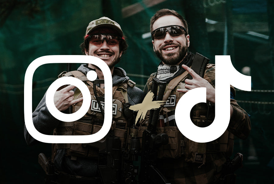 Two airsoft players smiling with Instagram and TikTok logos representing the airsoft trends on social media