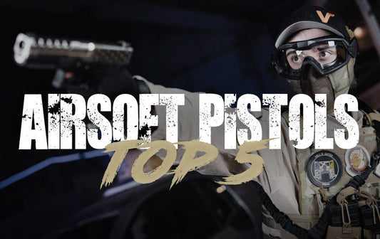 Airsoft pistols with soldier holding gun representing the top 5 pistol choices for airsoft players