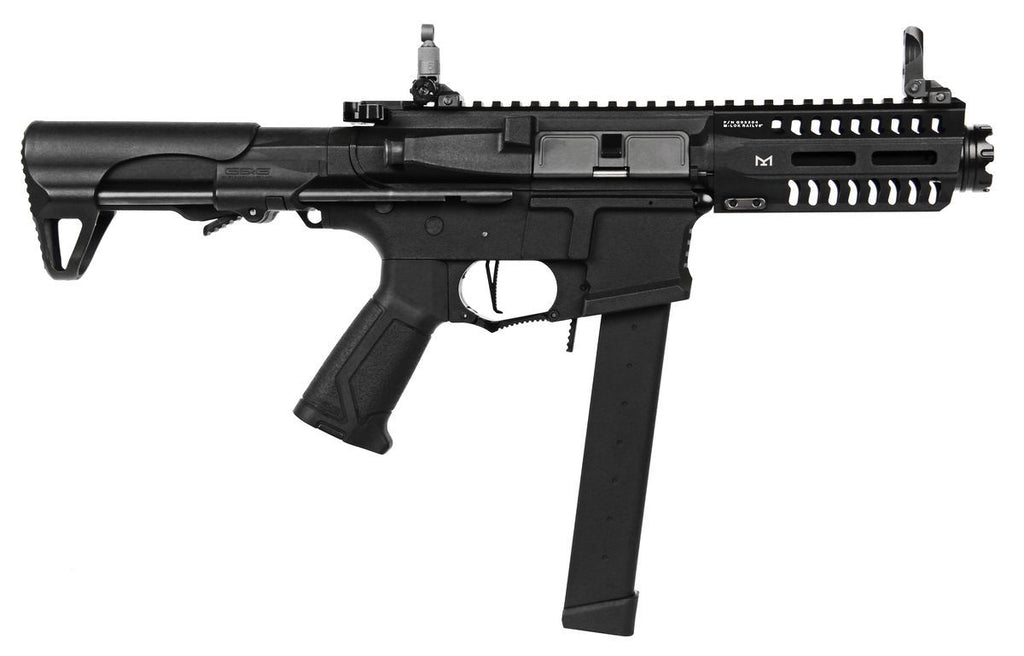 G&G CM16 ARP9 airsoft gun black compact AEG with long stick magazine collapsible stock and rails
