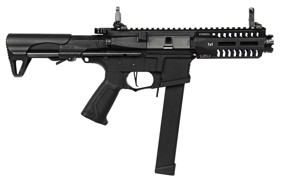 G&G CM16 ARP9 airsoft gun black compact AEG with long stick magazine collapsible stock and rails