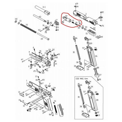 Exploded parts diagram showing ASG loading nozzle for CZ P-09 GBB highlighted in red for replacement ordering