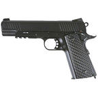 KWC M1911 black 1911 style pistol right side profile with textured grips and accessory rail