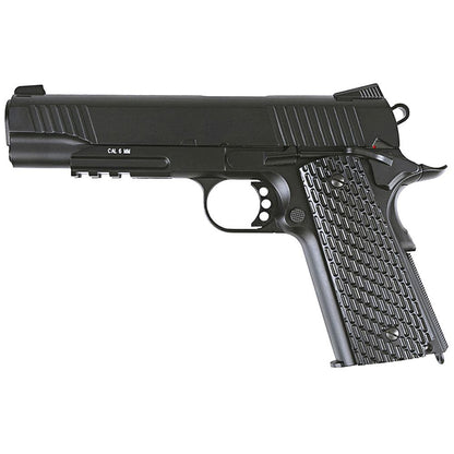 KWC M1911 black 1911 style pistol right side profile with textured grips and accessory rail