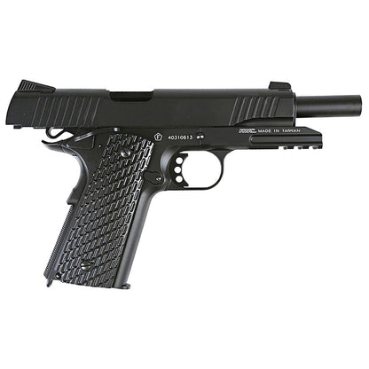 KWC M1911 black metal pistol with textured grip and accessory rail side view for target shooting
