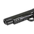KWC M1911 black metal pistol front view with accessory rail and textured slide for tactical use