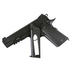 KWC M1911 black metal pistol with textured grip and detachable magazine shown beside the gun