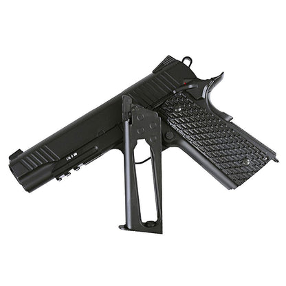 KWC M1911 black metal pistol with textured grip and detachable magazine shown beside the gun