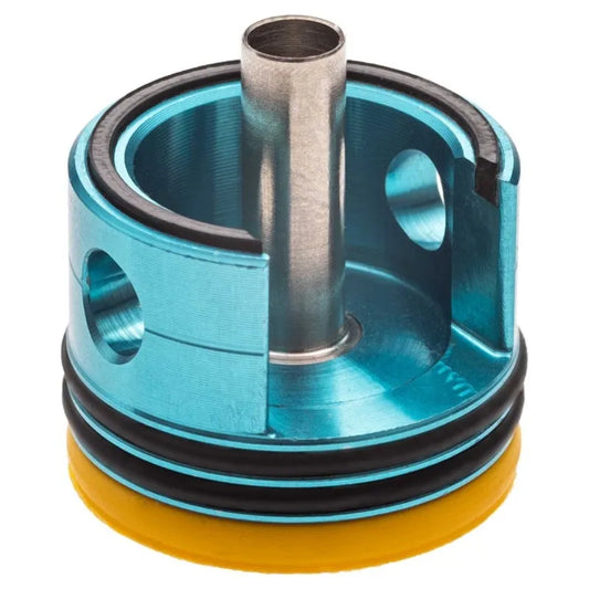 FPSSOFTAIR blue aluminum airsoft gearbox cylinder head with integrated piston guide and yellow O ring seal