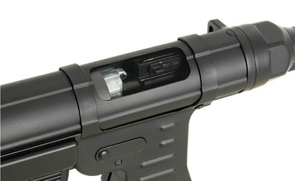 Close-up of AGM MP40 AEG AIRSOFT gun mechanism showing detailed internal components