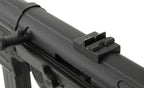 Close-up view of the rear sight and upper receiver of an AGM MP40 AEG AIRSOFT gun in black