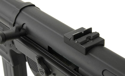 Close-up view of the rear sight and upper receiver of an AGM MP40 AEG AIRSOFT gun in black