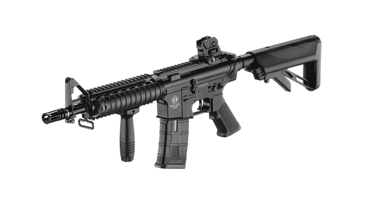 Réplique airsoft ics cs4 AEG noire ICS avec crosse réglable et viseur rouge