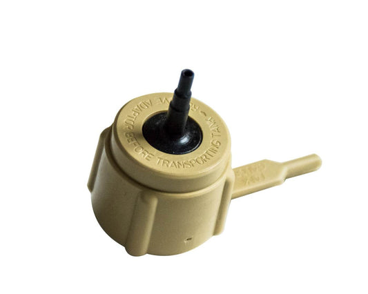 Airsoft Innovation tan plastic adapter with black nozzle connecting propane canisters to gas mags airsoft propane adapter kit