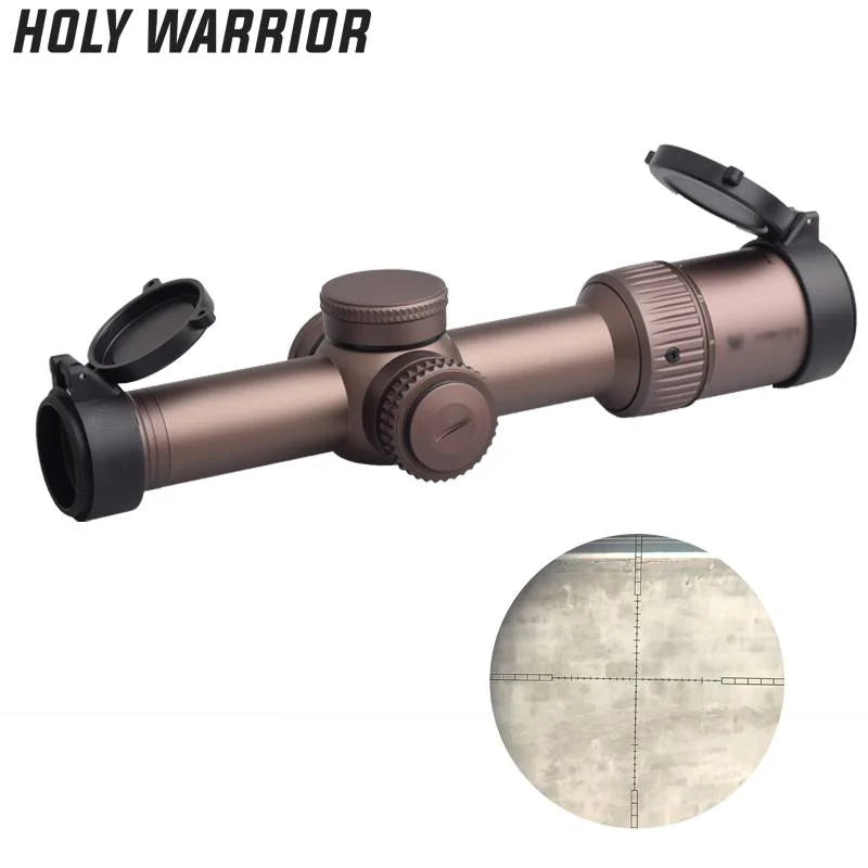 Holy Warrior airsoft lpvo scope with adjustable turrets and dual flip-up lens covers for enhanced visibility