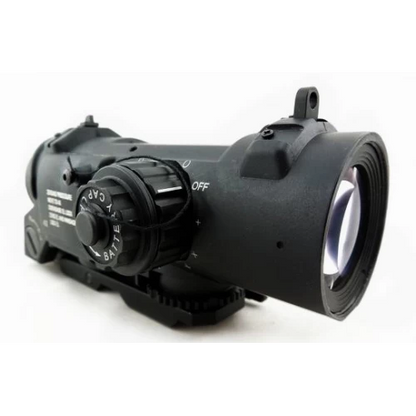 Black elcan airsoft style rifle optic with adjustable turrets and quick detach mount