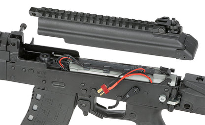 WELL PRO ak12 airsoft AEG electric gun with open top cover showing internal wiring and gearbox