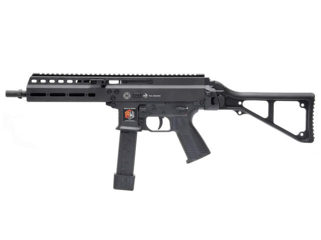 ARCHWICK B&T GBBR airsoft gun in black, side view of apc9 tan airsoft model with foldable stock