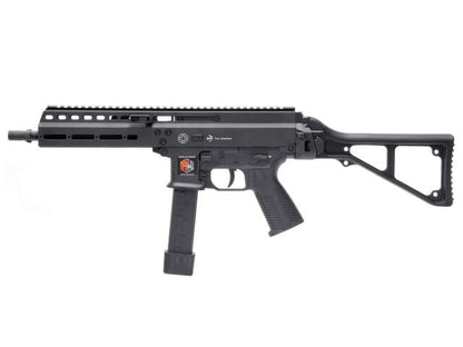 ARCHWICK B&T GBBR airsoft gun in black, side view of apc9 tan airsoft model with foldable stock