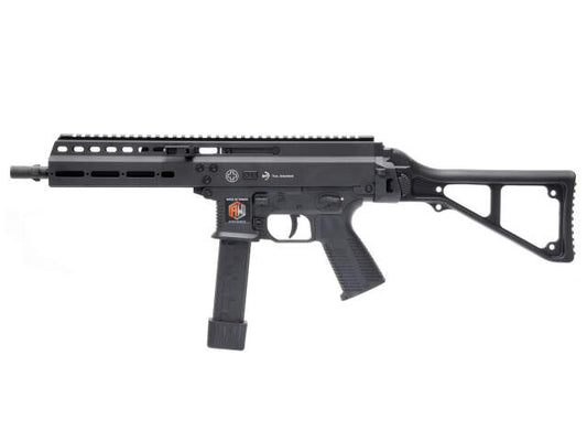ARCHWICK B&T GBBR airsoft gun in black, side view of apc9 tan airsoft model with foldable stock
