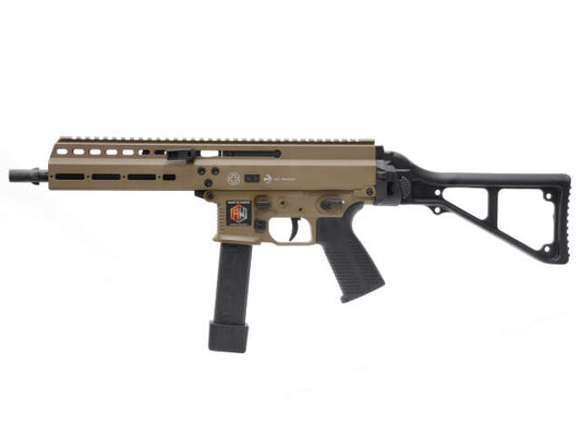 ARCHWICK B&T GBBR apc9 tan airsoft gun with black adjustable stock and magazine