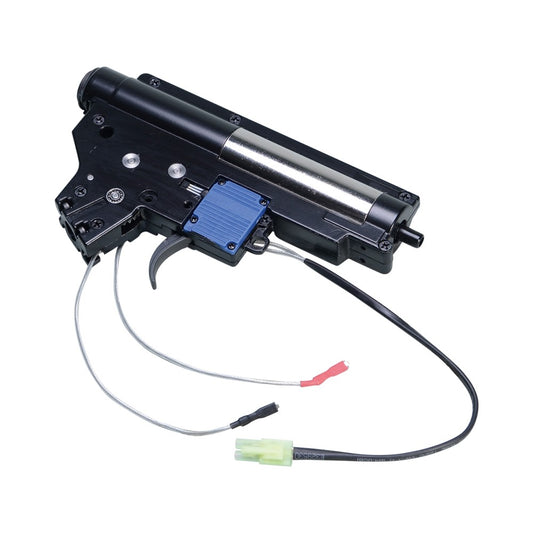 ARES ares gearbox v2 efcs with black metal casing and attached wiring for airsoft upgrade