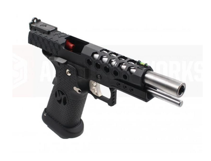 Armorer work 5.1 black pistol with hexagonal cutout slide and stainless steel barrel