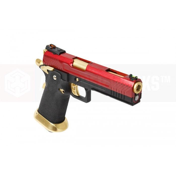 AW CUSTOM Armorer Works Hi-Speed 5.1 GBB airsoft pistol in red and gold with a textured grip