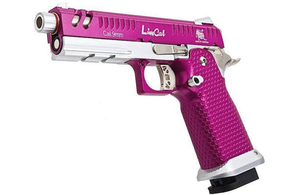 Army Armament hi-capa pink pistol with textured grip and silver accents in 9mm caliber