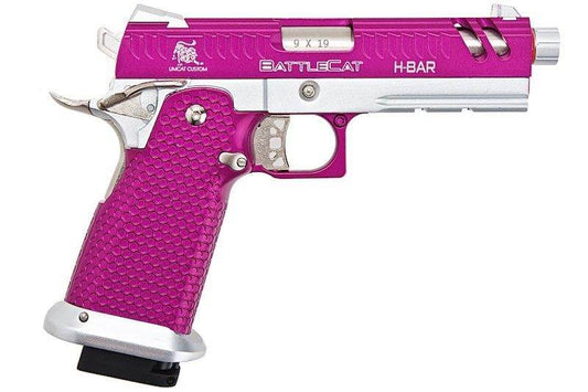 Army armament hi-capa pink pistol with silver accents and textured grip for tactical use