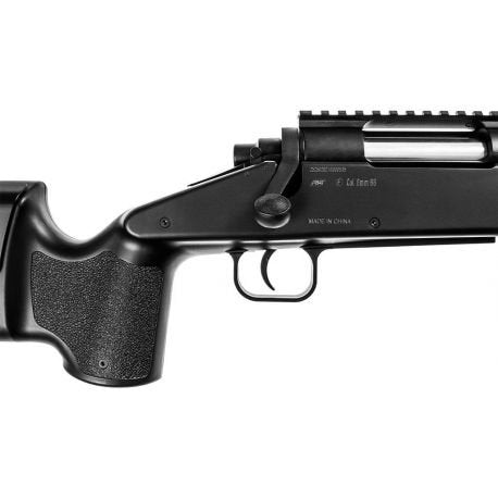 Close-up side view of ASG M40A3 SPORTLINE sniper rifle showing black textured grip and trigger