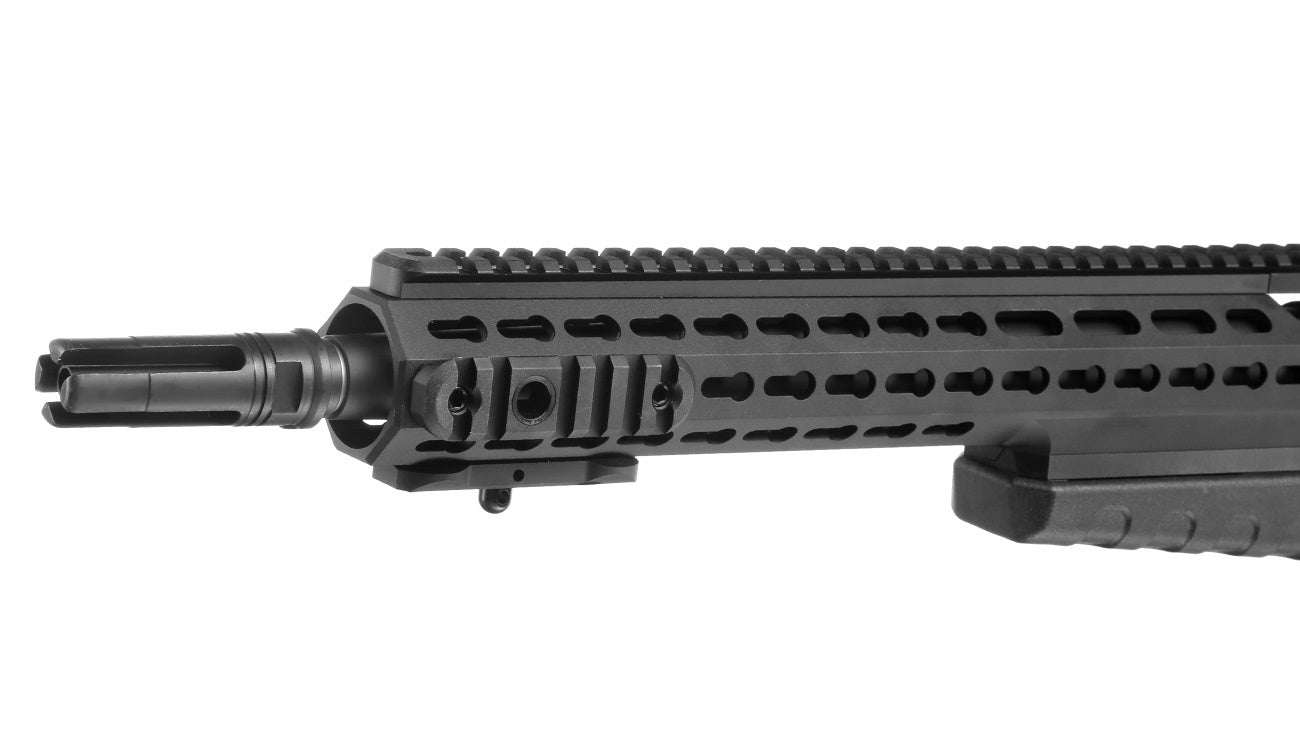 Close-up view of ASG MK13 sniper rifle barrel and handguard in black finish