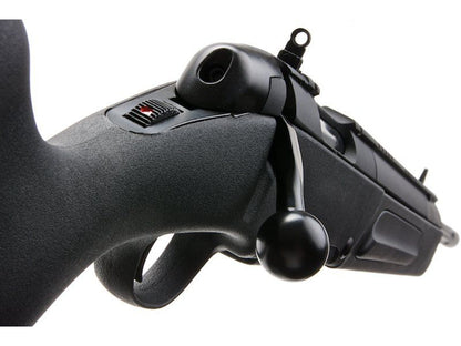 Close-up of ASG STEYR SCOUT sniper rifle black bolt action and textured grip