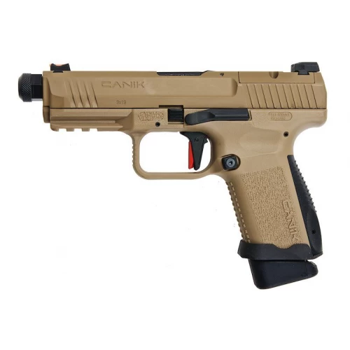 CYBERGUN AEG tan Canik tp9 airsoft pistol with textured grip and red trigger safety