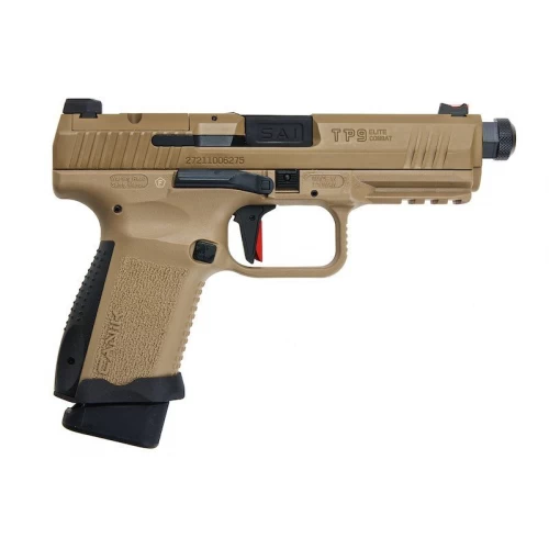 CYBERGUN AEG tan canik tp9 replica pistol with black grip and red trigger safety