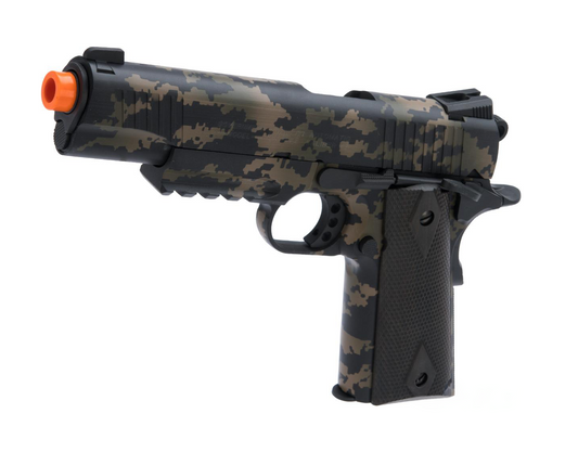 Cybergun 1911 AEG airsoft pistol with digital camouflage pattern and orange tip