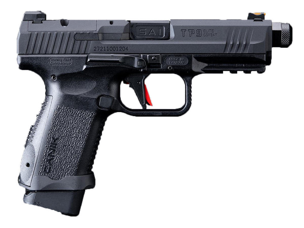 CYBERGUN CANIK TP9 TAN GBB AIRSOFT black airsoft pistol with textured grip and orange front sight