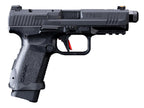 CYBERGUN CANIK TP9 TAN GBB AIRSOFT black airsoft pistol with textured grip and orange front sight