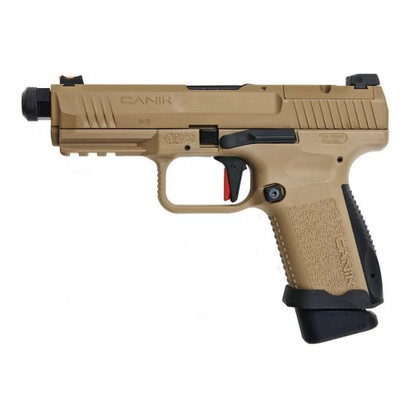 CYBERGUN CANIK TP9 TAN GBB AIRSOFT pistol in tan color with threaded barrel and textured grip