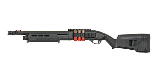 CYMA M870 MP CM 356M airsoft shotgun black pump action with side shell holder and adjustable stock
