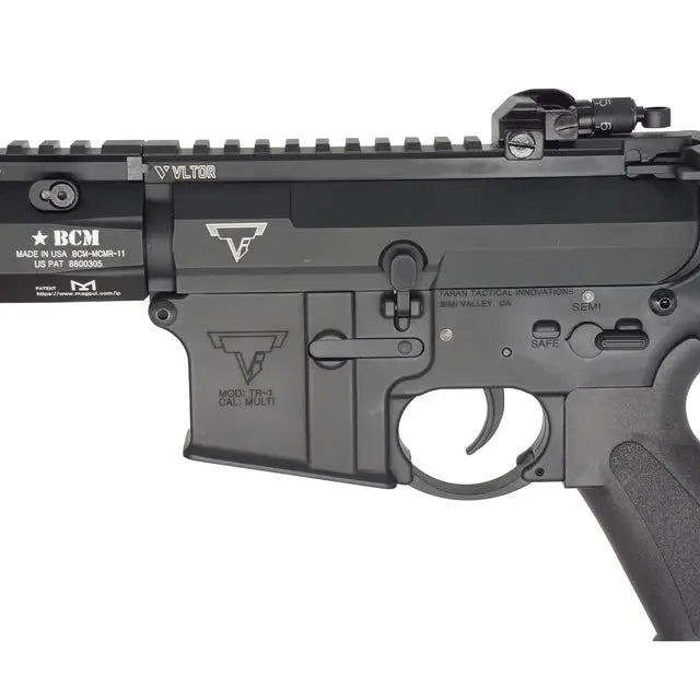 Close-up of DOUBLE BELL M4 AEG AIRSOFT gun body with detailed safety and trigger features