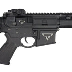 Close-up of DOUBLE BELL M4 AEG AIRSOFT rifle black body with logo and trigger details