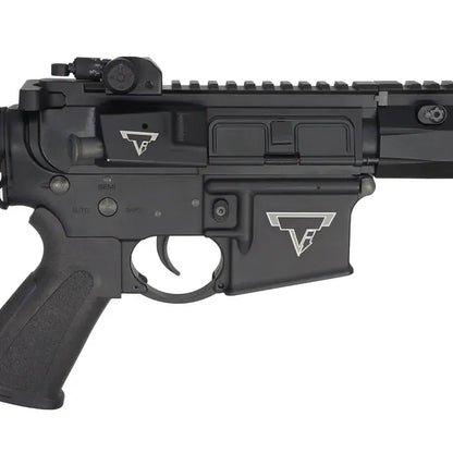 Close-up of DOUBLE BELL M4 AEG AIRSOFT rifle black body with logo and trigger details
