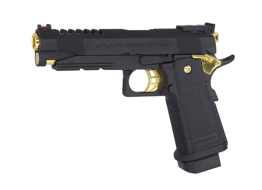 E&C Hi-Capa GBB pistol in black with gold accents and textured grip for airsoft enthusiasts