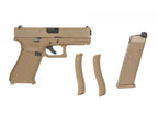 E&C G19X Gen 5 GBB airsoft pistol in tan color with extra grip panels and magazine