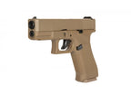 E&C G19X Gen 5 GBB airsoft pistol in tan with dual muzzle for realistic gameplay