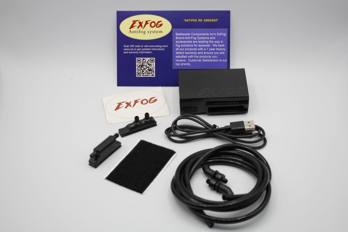 EXFOG XT Anti-Fogging System Components including USB Cable and Mounting Accessories