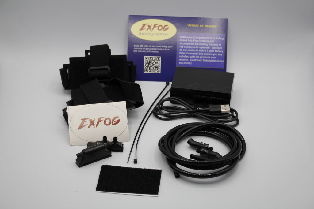 EXFOG XT accessory kit including straps, USB cable, and instruction card for anti-fogging system